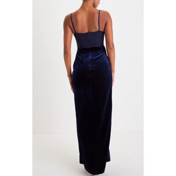 Lulus Women Small Alluring Icon Navy Blue Velvet Bustier Tulip Maxi Dress - Picture 2 of 7